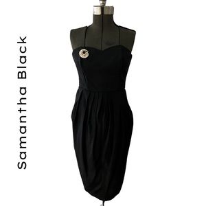 VINTAGE SAMANTHA BLACK TAFFETA STRAPLESS DRESS WITH SLIT & POCKETS - SIZE 4/6